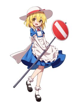 1girl :d absurdres apron black_shoes blonde_hair blue_dress blush commentary_request dress elbow_gloves frilled_apron frilled_gloves frilled_socks frills full_body gloves hair_between_eyes hat hat_ribbon highres hiyaya_(kochi_michikaze) holding_road_sign kana_anaberal looking_at_viewer mary_janes neck_ribbon no_entry_sign open_mouth red_ribbon ribbon road_sign shoes short_hair short_sleeves sign simple_background smile socks solo standing standing_on_one_leg touhou touhou_(pc-98) white_apron white_background white_hat white_socks yellow_eyes