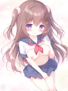 1girl :o absurdres black_skirt blue_skirt blush bow breasts brown_hair clothes_lift collarbone commentary_request commission hair_between_eyes hair_ornament hairclip highres large_breasts long_hair looking_at_viewer medium_breasts midriff navel neckerchief nipples open_mouth original parted_lips pleated_skirt purple_eyes red_neckerchief ribbon sailor_collar school_uniform serafuku shirt short_sleeves sitting skeb_commission skirt solo stomach thighs two_side_up usami_cocoa very_long_hair white_shirt