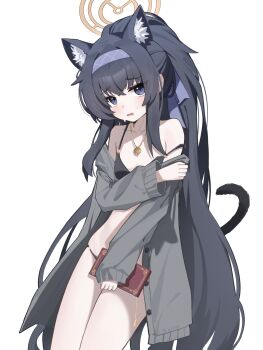 Rule 34 | 1girl, absurdres, animal ear fluff, animal ears, armpit crease, bare shoulders, bikini, black bikini, black hair, blue archive, blue eyes, blue hairband, blue ribbon, blush, book, breasts, brown halo, cardigan, cat ears, cat girl, cat tail, collarbone, covering breasts, covering privates, cowboy shot, crossed bangs, embarrassed, extra ears, furrowed brow, grey cardigan, hair between eyes, hair ribbon, hairband, halo, highres, holding, holding book, holding own arm, jewelry, kemonomimi mode, long hair, looking at viewer, no eyewear, official alternate costume, official alternate hairstyle, open cardigan, open clothes, open mouth, pendant, ponytail, ribbon, sidelocks, simple background, sleeves past wrists, small breasts, solo, strap slip, sweatdrop, swimsuit, tail, tail raised, thighs, ui (blue archive), ui (swimsuit) (blue archive), very long hair, wavy mouth, white background, wide sleeves, xiaoxiaoyifan