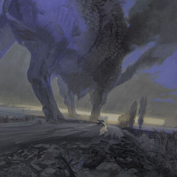 bull car commentary damaged debris destruction driving explosion highres historical_event kaiju motor_vehicle no_humans oak_andr original ruins russo-ukrainian_war scenery sky smoke sunset surreal ukraine ukrainian_commentary vehicle_focus war wreckage