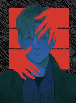 1boy closed_mouth collared_shirt commentary english_commentary frown green_jacket highres jacket james_sunderland looking_at_viewer male_focus parted_hair portrait shirt short_hair silent_hill_(series) silent_hill_2 solo straight-on surreal yuramoonbow