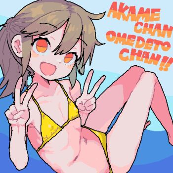 1girl :d akame-chan_(kyo-yan) bikini blue_background borrowed_character brown_hair collarbone covered_erect_nipples double_v flat_chest jaggy_lines loli lowres navel oekaki open_mouth orange_eyes original ponytail romaji_text rosia_san smile solo swimsuit v yellow_bikini