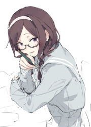 Rule 34 | 1girl, alternate costume, alternate hairstyle, brown hair, cevio, commentary, cowboy shot, elbows on table, from side, glasses, grey sailor collar, grey serafuku, grey shirt, grey skirt, hair over shoulder, hairband, highres, hitogome, holding, holding pencil, long hair, long sleeves, looking at viewer, looking to the side, mole, mole under eye, natsuki karin, on chair, pencil, pleated skirt, purple eyes, sailor collar, school uniform, serafuku, shirt, simple background, sitting, skirt, smile, solo, swept bangs, symbol-only commentary, synthesizer v, table, unfinished, white background, white hairband