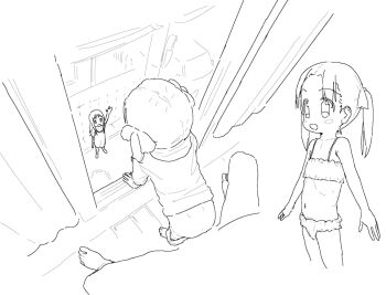 1boy 2girls ass azmira1534815 bare_arms bare_shoulders barefoot bow clothes_pull collarbone curtains facing_away flat_ass flat_chest from_above full_body greyscale hair_bow hair_ornament hair_ribbon indoors loli monochrome multiple_girls multiple_views narrow_hips navel open_mouth original out_of_frame panties ribbon shirt sketch smile standing twintails underwear window