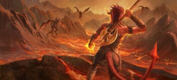 1girl armband axe baldur's_gate baldur's_gate_3 battle_axe black_pants bracer clothing_cutout colored_skin cowboy_shot demon demon_horns demon_tail dungeons_&amp;_dragons facing_away fire flaming_hand from_behind hell highres holding holding_axe horns karlach lava medium_hair mountainous_horizon outdoors pants pointy_ears red_skin rock scenery solo standing tail tail_through_clothes tiefling torikusuta weapon wide_shot