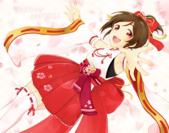 1girl bow bowtie brown_hair commentary_request detached_sleeves domyoji_karin flower_ornament heiwajima_izaya highres idolmaster idolmaster_cinderella_girls idolmaster_cinderella_girls_starlight_stage japanese_clothes nontraditional_miko open_mouth red_eyes ribbon-trimmed_thighhighs ribbon_trim short_hair smile thighhighs white_thighhighs wide_sleeves