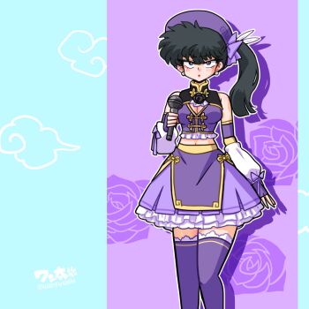 1girl artist_name bare_shoulders black_flower black_hair black_rose cleavage_cutout closed_mouth clothing_cutout cloud_background drop_shadow earrings feathers fingerless_gloves floral_background flower gloves hat holding holding_microphone idol jewelry kunou_kodachi long_hair microphone midriff_peek off_shoulder outline pearl_earrings petticoat purple_eyes purple_gloves purple_hat purple_skirt purple_thighhighs ranma_1/2 red_lips rose signature skirt solo thighhighs wanta_(futoshi) white_feathers white_outline