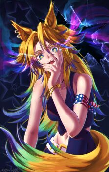 1girl absurdres american_flag american_flag_print animal_ears bandana_around_arm bare_shoulders belt black_shirt blonde_hair blue_eyes blue_hair breasts broken_glass commentary english_commentary eye_trail flag_print glass hand_on_own_face highres horse_ears horse_girl horse_tail jewelry light_trail long_hair looking_at_viewer matsel_arts multicolored_hair navel necklace obey_your_master_(umamusume) open_mouth pants shirt sleeveless sleeveless_shirt smile solo star-shaped_pupils star_(symbol) star_necklace symbol-shaped_pupils tail teeth two-tone_hair umamusume umamusume:_cinderella_gray white_belt yellow_nails