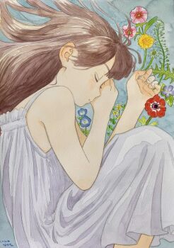 Rule 34 | 1girl, blue background, brown hair, closed eyes, dress, fetal position, flower, highres, light blush, long hair, lying, on side, original, painting (medium), shinomiya nanase, signature, sleeping, solo, traditional media, watercolor (medium), white dress
