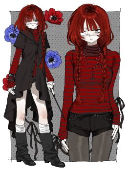 1girl absurdres black_boots black_coat black_shorts blue_flower blunt_bangs boots border braid breasts closed_mouth coat cross cross_necklace eyepatch flower full_body grey_background grey_eyes grey_pantyhose highres jewelry kneehighs layered_sleeves long_hair long_sleeves looking_at_viewer medium_breasts multiple_views necklace original outside_border pantyhose pantyhose_under_shorts polka_dot polka_dot_background red_flower red_hair red_shirt shirt short_over_long_sleeves short_shorts short_sleeves shorts socks standing striped_clothes striped_shirt twin_braids wayon154 white_border white_socks