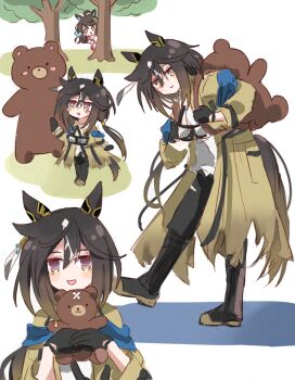 2girls ahoge animal_ears bear black_hair blue_eyes brown_hair commentary_request daring_tact_(umamusume) ear_covers hair_between_eyes hair_ornament horse_ears horse_girl horse_tail long_hair looking_at_another mokuroo multicolored_hair multiple_girls smile stay_gold_(umamusume) tail tracen_training_uniform umamusume white_hair