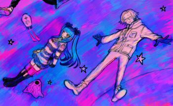 1boy 1girl amemiya_darumi aotsuki_eito bed_sheet black_boots black_gloves blue_hair boots closed_eyes closed_mouth full_body glasses gloves highres long_hair long_sleeves pink_thighhighs pleated_skirt purple_background retsnom_(hundred_line) rocket_ship shirt skirt spacecraft spaceship star_(symbol) striped_clothes striped_shirt the_hundred_line_-last_defense_academy- thighhighs white_hair