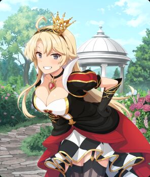 1girl ahoge alice&#039;s_adventures_in_wonderland black_choker black_dress black_garter_straps black_gloves black_hairband black_thighhighs blonde_hair blue_eyes blue_flower blue_rose blue_sky breasts bush checkered_clothes checkered_skirt choker cleavage cloud collarbone cosplay cowboy_shot crown day dot_nose dress elbow_gloves flower game_cg garter_straps gazebo gem gloves gold_crown grin hairband hand_on_own_hip heart heart_pendant kohagura_ellen large_breasts layered_skirt leaning_forward long_hair looking_at_viewer mini_crown multicolored_dress official_art outdoors path pendant_choker purple_flower purple_rose queen_of_hearts_(alice_in_wonderland) queen_of_hearts_(alice_in_wonderland)_(cosplay) red_dress red_gemstone red_skirt road rose short_sleeves skirt sky smile solo stone_walkway striped_clothes striped_hairband thighhighs third-party_source tilted_headwear toji_no_miko toji_no_miko:_kizamishi_issen_no_tomoshibi tree white_dress zettai_ryouiki