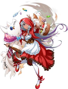 Rule 34 | 1girl, aka (langrisser), apple, apron, arm wrap, axe, baguette, basket, blue ribbon, braid, braided sidelocks, bread, breasts, brown corset, buttons, candy, capelet, cleavage, corset, cosplay, croissant, dark-skinned female, dark skin, dress, dust cloud, floating, floating food, floating hair, floating object, food, frilled apron, frilled dress, frilled scarf, frilled sleeves, frills, fruit, full body, game cg, grey hair, hand up, high heels, highres, holding, holding axe, holding basket, holding weapon, hood, hood up, hooded capelet, langrisser, langrisser mobile, large breasts, leg up, little red riding hood (fairy tale character), little red riding hood (fairy tale character) (cosplay), looking at viewer, multicolored hair, official alternate costume, official art, one eye covered, pantyhose, parted lips, picnic basket, pink scarf, polka dot, polka dot scarf, purple eyes, purple hair, red capelet, red dress, red hood, red ribbon, red shoes, ribbon, scarf, second-party source, shoes, simple background, solo, standing, standing on one leg, star (symbol), streaked hair, stuffed animal, stuffed toy, stuffed wolf, tachi-e, transparent background, weapon, white apron, white pantyhose