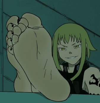 1girl arm_tattoo barefoot feet feet_up foot_focus green_eyes green_hair highres indoors legs_up medusa_gorgon murati2882_(artist) nail_polish short_hair sleeveless soles solo soul_eater tattoo toes