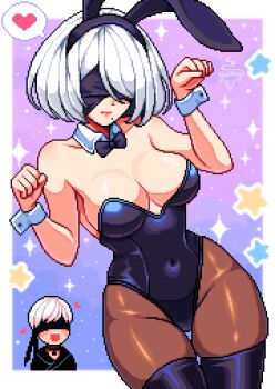 1boy 1girl 2b_(nier:automata) absurdres animal_ear_hairband animal_ears artist_name aseprite_(medium) bare_shoulders black_bow black_bowtie black_leotard black_thighhighs blindfold blush border bow bowtie breasts closed_mouth collarbone commentary covered_eyes covered_navel detached_collar english_commentary fake_animal_ears hairband heart highleg highleg_leotard highres large_breasts leotard mole mole_under_mouth narrow_waist nier:automata nier_(series) open_mouth outside_border pantyhose pixel_art playboy_bunny rabbit_ear_hairband rabbit_ears short_hair solo_focus sparkle star_(symbol) strapless strapless_leotard thigh_gap thighhighs white_border white_hair white_wrist_cuffs wide_hips wrist_cuffs yumykon
