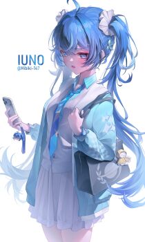 1girl ahoge bag blue_eyes blue_hair blue_jacket blue_necktie blue_shirt blush breasts cellphone cellphone_charm character_name charm_(object) chinese_commentary collared_shirt commentary_request cowboy_shot grey_vest hair_intakes hibiki-147 highres holding holding_phone iuno_(wuthering_waves) jacket long_hair looking_at_viewer medium_breasts multicolored_hair necktie open_clothes open_jacket open_mouth phone remnant_cube_(wuthering_waves) school_bag shirt skirt smartphone solo streaked_hair twintails twitter_username vest white_background white_skirt wuthering_waves