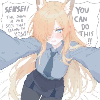 1girl animal_ear_fluff animal_ears black_pantyhose blonde_hair blue_archive blue_eyes blue_necktie blue_shirt blue_skirt blush breasts commentary dog_ears dog_girl dress_shirt english_commentary english_text extra_ears got_that_dog_in_him_(meme) hair_over_one_eye highres kanna_(blue_archive) large_breasts long_hair looking_at_viewer makotan_art meme necktie open_mouth pantyhose pencil_skirt reaching reaching_towards_viewer shirt simple_background skirt slang solo speech_bubble white_background