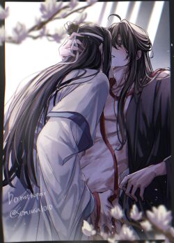 2boys abs absurdres ahoge anal bare_pectorals bishounen bite_mark black_hair black_hanfu blurry blurry_foreground blush border branch chinese_clothes closed_eyes couple flower french_kiss hair_down hair_ribbon half_updo hand_on_another's_head hand_on_another's_hip hanfu headband hickey highres holding holding_ribbon implied_kiss implied_sex kiss lan_wangji long_hair long_sleeves looking_at_another male_focus male_penetrated modao_zushi multiple_boys naked_robe nipples official_alternate_hairstyle open_clothes open_mouth open_robe parted_lips partially_undressed pectorals red_ribbon ribbon robe saliva semiusa1010 sex sidelocks standing standing_missionary standing_sex sweat topknot twitter_username very_long_hair wei_wuxian wei_wuxian_(yiling_laozu) white_flower white_hanfu white_headband wide_sleeves yaoi