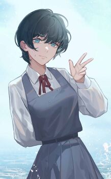 Rule 34 | 1girl, absurdres, arm behind back, black hair, blue eyes, blue sky, day, eri (sayonara eri), grey skirt, hand up, highres, long sleeves, outdoors, piao miao, red ribbon, ribbon, sayonara eri, school uniform, shirt, short hair, skirt, sky, solo, v, water, wet, white shirt