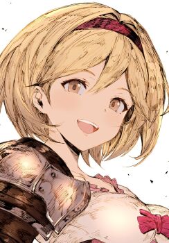 Rule 34 | 1girl, armor, blonde hair, blush, breasts, brown eyes, djeeta (granblue fantasy), granblue fantasy, hairband, highres, looking at viewer, monogrbl, now, open mouth, pauldrons, short hair, shoulder armor, simple background, single pauldron, smile, solo, upper body, white background