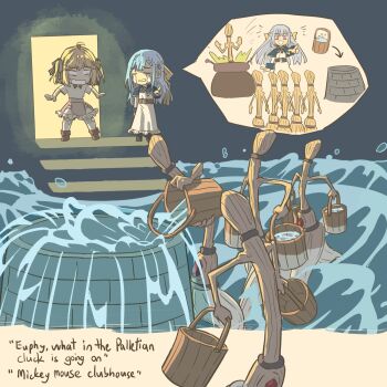 2girls ahoge anisphia_wynn_palettia anjuro_zeeku black_ribbon blonde_hair blue_capelet blue_hair broom bucket bucket_of_water capelet commentary crying dress english_text euphyllia_magenta hair_ribbon highres multiple_girls pink_skirt purple_eyes ribbon shirt short_hair skirt streaming_tears tears tensei_oujo_to_tensai_reijou_no_mahou_kakumei two_side_up water well white_dress white_shirt