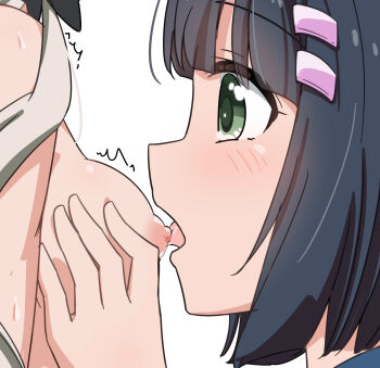 2girls amano_akari animal_ears black_hair blush breasts commentary_request grabbing_another&#039;s_breast green_eyes groping hair_ornament hairclip highres licking licking_nipple miruzawa_akechi multiple_girls nipple_stimulation nipples profile saliva simple_background small_breasts sophie_twilight tonari_no_kyuuketsuki-san tongue tongue_out white_background yuri