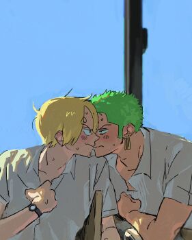 Rule 34 | 2boys, arm up, blonde hair, blue sky, blush, chair, collared shirt, commentary request, curly eyebrows, earrings, eye contact, green hair, highres, imminent kiss, jewelry, looking at another, male focus, multiple boys, one piece, piercing, r3fekpz4io20927, roronoa zoro, sanji (one piece), shirt, short sleeves, sideburns, sitting, sky, sweat, watch, white shirt, wristwatch, yaoi