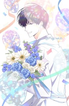 1boy :d black_eyes black_hair blue_flower blue_rose bouquet bubble check_flower coat confetti cowboy_shot daisy_(flower) flower flower_request grin highres holding holding_bouquet kim_dokja looking_at_viewer maga_mok23 male_focus omniscient_reader&#039;s_viewpoint open_clothes open_coat open_mouth partially_shaded_face popped_collar primrose_(flower) ribbon rose short_hair smile solo white_coat
