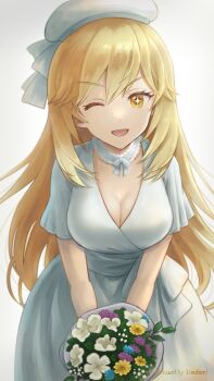 1girl ;d artist_name beret blonde_hair bouquet breasts cleavage commentary commentary_request dress english_commentary flower grey_dress grey_hat hat highres holding holding_bouquet large_breasts leaning_forward long_hair looking_at_viewer mixed-language_commentary one_eye_closed open_mouth shokuhou_misaki short_sleeves simple_background smile solo sparkling_eyes toaru_kagaku_no_mental_out toaru_kagaku_no_railgun toaru_majutsu_no_index usubeni yellow_eyes