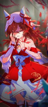 1boy 2girls admire_groove_(umamusume) animal_ears aura blurry blurry_foreground blush breasts brown_hair cleavage collarbone commentary_request dark_aura detached_sleeves glowing glowing_eyes hair_between_eyes hair_ornament highres horse_ears horse_tail kafuki_fuka multiple_girls open_mouth ribbon small_breasts solo_focus still_in_love_(scarlet_vow_raiment)_(umamusume) still_in_love_(umamusume) tail trainer_(umamusume) umamusume veil