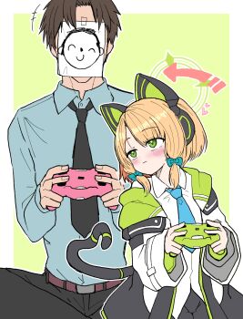 +++ 1boy 1girl animal_ear_headphones animal_ears aqua_bow arrow_(symbol) belt black_necktie black_pants blonde_hair blue_archive blue_necktie blue_shirt blush border bow brown_hair cat_ear_headphones cat_ears cat_tail closed_mouth collared_shirt commentary_request controller cowboy_shot doodle_sensei_(blue_archive) dress_shirt eyes_visible_through_hair fake_animal_ears fake_tail game_controller green_background green_eyes hair_bow halo headphones heart heart_tail height_difference hetero highres holding holding_controller holding_game_controller jacket leaning_back long_sleeves looking_at_another medium_hair midori_(blue_archive) necktie open_clothes open_jacket outline outside_border pants paper_on_head playing_games ririfu school_uniform sensei_(blue_archive) shirt short_hair simple_background sitting tail upturned_eyes white_border white_jacket white_outline white_shirt wide_sleeves