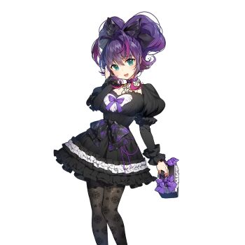 1girl antenna_hair aqua_eyes bag black_bow black_dress black_pantyhose bow breasts commentary_request dress gradient_hair hair_between_eyes hair_bow hand_on_own_cheek hand_on_own_face holding holding_bag lace lace_pantyhose large_breasts multicolored_hair pantyhose pink_hair puffy_sleeves purple_hair ruka_fuuun sukja uchi_no_hime-sama_ga_ichiban_kawaii