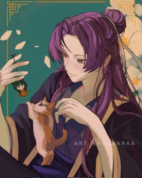 Rule 34 | 1boy, artist name, blue robe, cat, character charm, charm (object), chinese clothes, closed mouth, falling petals, flower, green background, hair bun, hair ribbon, half updo, highres, jinshi (kusuriya no hitorigoto), kusuriya no hitorigoto, kyoukaraa, light blush, light smile, long hair, male focus, maomao (kusuriya no hitorigoto), parted bangs, petals, playing with animal, purple eyes, purple hair, ribbon, robe, upper body, white flower, white ribbon, wide sleeves