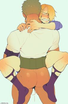 Rule 34 | 2boys, anal, arms around neck, ass, bandana, bandana around neck, black bandana, black socks, blonde hair, blue shirt, bottomless, carrying, carrying person, clenched teeth, commentary, cum, curly eyebrows, green hair, haramaki, highres, male focus, male penetrated, multiple boys, one piece, parted hair, roronoa zoro, sanji (one piece), sex, shirt, short hair, short sleeves, socks, standing, symbol-only commentary, teeth, vidrith, white shirt, yaoi