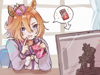 Rule 34 | animal ears, candy, chocolate statue, commentary request, computer, crossed legs, crown, dated, earrings, faceless, food, hair between eyes, highres, holding, holding candy, holding food, horse ears, horse girl, horseshoe ornament, indoors, jewelry, kurauchi naya, laptop, long sleeves, looking at viewer, mini crown, official alternate costume, orange hair, pink crown, purple eyes, purple sailor collar, sailor collar, school uniform, signature, sitting on throne, speech bubble, t.m. opera o (o sole suo!) (umamusume), t.m. opera o (umamusume), throne, tracen school uniform, umamusume, winter uniform