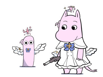 blue_archive blue_bow bow capelet crescent dress feathered_wings gun hair_bun halo hattifattener highres kawamochi_(kawauti919) lanchester_smg low_wings mika_(blue_archive) moomin moomintroll pink_hair shadow simple_background single_side_bun standing submachine_gun weapon white_background white_capelet white_dress white_wings wings