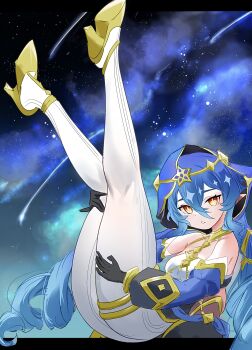 absurdres blue_hair blue_hood bright_pupils drill_hair genshin_impact gold_choker gold_shoes highres hood hood_up layla_(genshin_impact) mira_(mirarizsoti) night night_sky pointy_ears shoes sky white_pupils