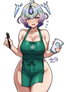 1girl :d absurdres apron bare_arms bare_shoulders blush breasts bright_pupils cleavage collarbone commentary cowboy_shot cup curvy drinking_glass english_commentary fire_emblem fire_emblem_heroes floating floating_object forehead_jewel green_apron highres holding holding_cup holding_pen iced_latte_with_breast_milk_(meme) large_breasts looking_at_viewer meme naked_apron nervous nervous_smile nintendo open_mouth pen rotomdocs seidr_(fire_emblem) short_hair sideboob simple_background skindentation smile solo starbucks thick_thighs thighs white_background white_pupils