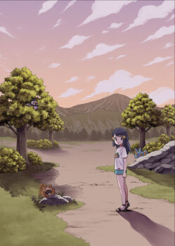 1girl akari_(pokemon) bidoof black_footwear black_hair bush cloud commentary_request gen_4_pokemon grass hair_ornament hairclip long_hair looking_back nintendo outdoors pokemon pokemon_(creature) pokemon_legends:_arceus rock sandals shinx shiro_iro6 shirt short_sleeves shorts sidelocks sky standing starly t-shirt tree twilight white_shirt