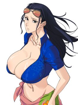 1girl absurdres black_hair blue_jacket breasts commentary_request commission cropped_jacket eyewear_on_head highres huge_breasts jacket long_hair looking_at_viewer mattsun_(lyohei) midriff nico_robin one_piece orange-tinted_eyewear partially_unzipped pink_sarong pixiv_commission sarong solo sunglasses tinted_eyewear white_background