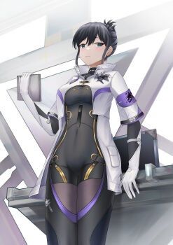 1girl absurdres black_bodysuit black_hair blake_bloom_(wuthering_waves) blush bodysuit breasts coat covered_navel double-parted_bangs gloves hair_between_eyes highres holding_board kouch4n large_breasts looking_at_viewer short_hair sidelocks solo valentina_(wuthering_waves) white_coat white_gloves wuthering_waves