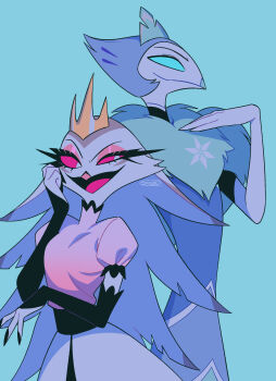 1boy 1girl :d absurdres andrealphus_(helluva_boss) beak belt black_belt black_gloves black_mouth black_nails blue_background blue_sclera breasts brother_and_sister closed_mouth colored_sclera commentary_request elbow_gloves eyeshadow feathers fewer_digits frilled_sleeves frills furry furry_female furry_male gloves gold_tiara hand_on_own_cheek hand_on_own_chest hand_on_own_face hellaverse helluva_boss highres looking_to_the_side makeup menma_(enaic31) nail_polish open_mouth owl_boy owl_girl pink_eyeshadow pink_sclera pink_shirt puffy_short_sleeves puffy_sleeves shirt shirt_tucked_in short_sleeves siblings signature simple_background skirt small_breasts smile stella_(helluva_boss) tiara tongue turtleneck turtleneck_shirt uneven_eyes upper_body v-shaped_eyebrows white_eyes white_skirt