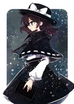 1girl black_capelet black_hat black_skirt book bow brown_eyes brown_hair capelet commentary_request hat hat_bow highres holding holding_book long_hair long_sleeves looking_to_the_side shirt shirt_tucked_in skirt snowing solo tama_(hiroshige_36) touhou usami_renko white_bow white_shirt