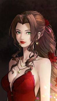 1girl aerith_gainsborough aerith_gainsborough_(red_dress) bare_shoulders breasts brown_hair cleavage closed_mouth dress earrings final_fantasy final_fantasy_vii final_fantasy_vii_remake flamenco_dress flower green_eyes hair_flower hair_ornament hair_ribbon highres jewelry koban7513 light_smile long_hair looking_at_viewer medium_breasts necklace official_alternate_costume parted_bangs ponytail red_dress red_flower red_lips red_ribbon ribbon ringlets sideboob sidelocks solo star_(symbol) star_earrings star_necklace strapless strapless_dress upper_body