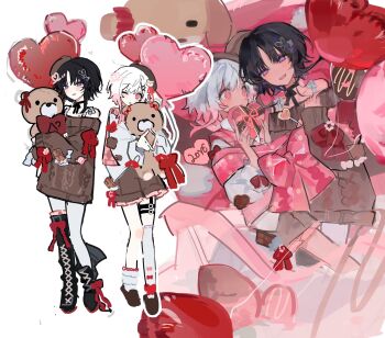 Rule 34 | 2girls, alternate costume, balloon, beret, black boots, black hair, black hat, black shoes, boots, brown hat, brown sweater, butterfly hair ornament, commentary request, dress, full body, gradient hair, hair ornament, hat, heart balloon, highres, holding, holding stuffed toy, housho margo, korean commentary, long sleeves, looking at another, looking at viewer, lying, mahou shoujo no majo saiban, multicolored hair, multiple girls, multiple views, o-ring, o-ring thigh strap, one eye closed, pink eyes, pink hair, purple eyes, sakuraba ema, shoes, short hair, smile, stuffed animal, stuffed toy, sweater, sweater dress, teddy bear, thigh strap, valentine, wamowamomo, white hair, x hair ornament