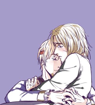 2boys absurdres arms_around_waist beard blonde_hair blush brown_eyes canute closed_eyes eyebrows_hidden_by_hair eyelashes facial_hair facial_scar frilled_sleeves frills hand_on_another&#039;s_shoulder headband highres hug looking_at_another male_focus mia_bobriha multiple_boys multiple_scars scar scar_on_cheek scar_on_face scar_on_hand scar_on_nose short_hair simple_background thorfinn vinland_saga yaoi