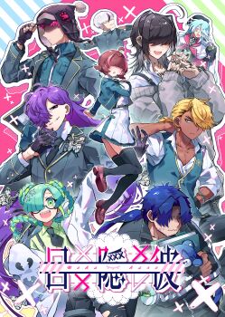 1girl 6+boys :d :o :| ^_^ absurdres ahoge aizawa_haru_(mekakare) androgynous animal_hands ankle_boots antenna_hair aqua_boots aqua_eyes aqua_hair aqua_jacket aqua_pants aqua_skirt aqua_vest arm_at_side arm_up azamuki_shigure barbell_piercing beard_stubble belt belt_buckle beret black-framed_eyewear black_belt black_coat black_eyes black_gloves black_hair black_hat black_jacket black_nails black_necktie black_pants black_pantyhose black_ribbon black_shorts black_thighhighs blazer blonde_hair blue_background blue_hair blue_jacket blue_pants blunt_bangs blush book boots bracelet braid braided_bun braided_ponytail breasts broken_heart_print brooch brown_hair brown_sash brown_shoes buckle butterfly_brooch butterfly_hair_ornament charm_snowel checkered_hat checkered_necktie chest_tattoo chullo clipboard closed_eyes closed_mouth coat collar_chain_(jewelry) collarbone collared_shirt colored_eyelashes copyright_name covered_eyes cowboy_shot curtained_hair dark-skinned_male dark_skin double_bun dress_shirt ear_piercing earrings empty_eyes expressionless eyeshadow eyeshadow_under_eye facial_hair facing_viewer fangs feet_out_of_frame finger_tattoo fingerless_gloves fish_skeleton_hair_ornament foot_out_of_frame forked_eyebrows from_behind from_side fuji_den_fujiko full_body ghost_pose glasses gloved_sleeves gloves green_background green_boots green_eyes green_hair green_shirt grey_hair grey_shirt grey_shoes grey_sweater grin hair_behind_ear hair_bun hair_intakes hair_ornament hair_over_eyes hair_over_one_eye hair_over_shoulder half-closed_eyes half_gloves hanare_shimaki hand_in_pocket hand_on_headwear hand_on_own_chest hand_on_own_chin hand_on_own_hip hand_on_own_neck hand_tattoo hand_up hands_up hat hat_bell highres holding holding_book holding_clipboard holding_stuffed_toy honeycomb_earrings hood hood_down hooded_coat hugging_object interlocked_fingers irogae_mizore jacket jacket_on_shoulders jewelry kubari_donzaburo lab_coat lace-up_boots lapel_pin lapels large_breasts layered_skirt leaning_forward light_blush loafers long_coat long_hair long_sleeves looking_at_viewer looking_back looking_to_the_side low_ponytail makeup medium_hair mekakare miniskirt mole mole_on_collarbone monocle multicolored_boots multicolored_hair multiple_boys nail_polish neck_piercing neck_ribbon necktie nervous notched_lapels off-shoulder_sweater off_shoulder official_art one_eye_covered open_clothes open_coat open_collar open_hand open_jacket open_mouth outline outstretched_arm own_hands_together pankou pants pants_rolled_up pantyhose parted_bangs parted_lips paw_gloves paw_print pectoral_cleavage pectorals petite piercing pigeon-toed pink_background pink_hair pink_jacket pleated_skirt polo_shirt pom_pom_hat_ornament ponytail popped_collar profile promotional_art purple_eyeshadow purple_hair ribbon saejima_raime sanpaku school_uniform semi-rimless_eyewear shaded_face sharp_teeth shirt shirt_tucked_in shoe_soles shoes short_bangs short_hair short_necktie short_ponytail short_shorts shorts side_part sidelocks sideways_glance single_earring single_off_shoulder skirt sleeves_rolled_up slouching smile smirk sparkle spike_piercing standing standing_on_one_leg streaked_hair striped_background strongman_waist stubble stuffed_animal stuffed_toy suspenders sweatdrop sweater tattoo teddy_bear teeth thick_eyebrows thighhighs torn_clothes torn_coat torn_pantyhose track_jacket tsumuribe_kiriwo tsurime turtleneck turtleneck_shirt two-sided_fabric two-sided_jacket two-tone_boots two-tone_hair under-rim_eyewear untucked_shirt upper_body utagai_nijisuke v v-shaped_eyebrows very_long_hair vest wavy_mouth white_coat white_gloves white_hair white_jacket white_necktie white_outline white_shirt white_skirt wrinkled_skin wristband yellow_lips zipper