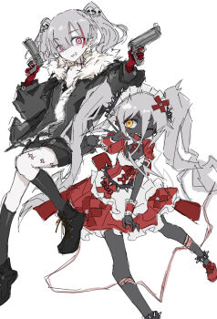 2girls absurdres apron black_boots black_jacket black_shorts boots character_request commentary_request copyright_request dress fur-trimmed_jacket fur_trim grey_hair grin gun hair_ornament highres holding holding_gun holding_weapon j-core jacket japanese_stream_hardcore joe_faiko long_hair looking_at_viewer maid multicolored_hair multiple_girls one_eye_closed open_clothes open_jacket pink_eyes red_dress red_shoes shoes shorts simple_background sketch skull_hair_ornament smile streaked_hair twintails very_long_hair weapon white_apron white_background wusem0108 x_hair_ornament yellow_eyes