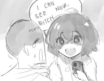 1boy 1girl bald sophie_(popopoka) body_writing borrowed_character character_name closed_eyes clothes_grab collar_grab crying english_text flat_chest freckles from_behind grey_background greyscale gun handgun hands_up holding holding_gun holding_weapon monochrome monomogi neckwear_grab open_mouth original popopoka_(character) profanity shaded_face shirt short_hair short_sleeves sideways_mouth simple_background sketch smile speech_bubble talking tears teeth threatening trembling upper_body weapon